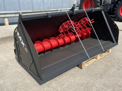 MX BD2002L feeder bucket, NEW, 8ft wide,  bolt on pin and cone hooks, left hand discharge, 2x adgitators