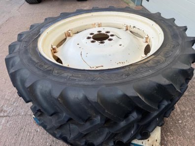 2x 13.6/38 Goodyear Super Traction Radial tyres fitted to New Holland wheels