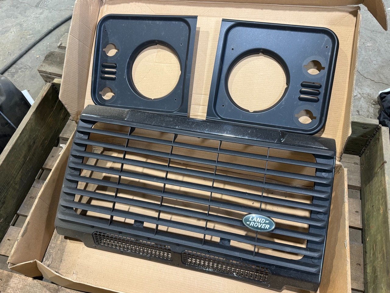 Land Rover 90 parts, front grill and headlight surrounds, front wing side and top vents, headlights, side lights and indicator lenses