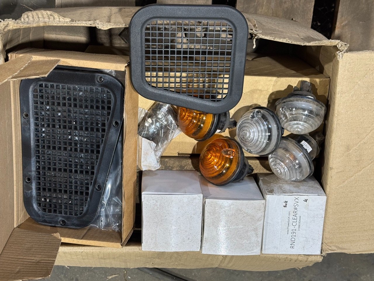 Land Rover 90 parts, front grill and headlight surrounds, front wing side and top vents, headlights, side lights and indicator lenses