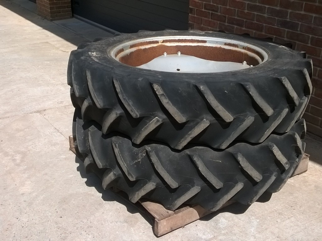 2x Massey Ferguson rims fitted to Goodyear super traction radial tyres 13.6/36, 50% tread