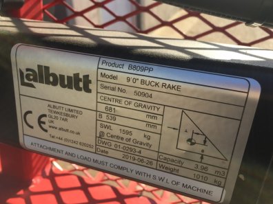 new Albutt B809PP push off buckrake, 9ft wide, 16 tines with 2 sets of side tines, complete with 3 point linkage mounted hooks