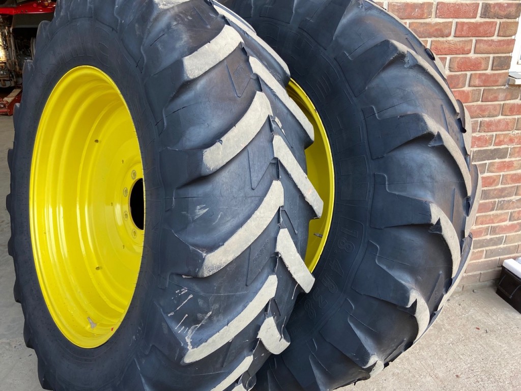 2x 18.4/38 Michelin tyres fitted to John Deere wheels