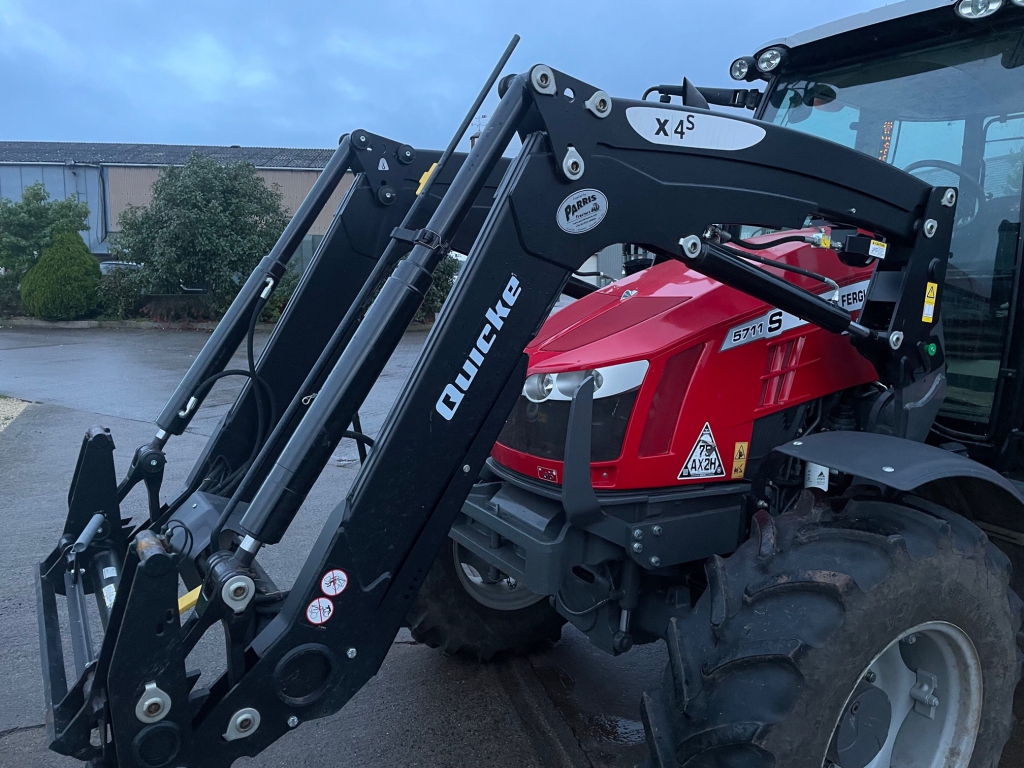 Quicke X4s loader, complete with brackets and valve to fit Massey Ferguson 5711s tractor, ex Demo - this loader has done approx 20 hours work and is as new, 1590kg lift capacity, Euro carriage, soft ride, third service, multi coupling, QCS QE command joystick, float and bucket shake function