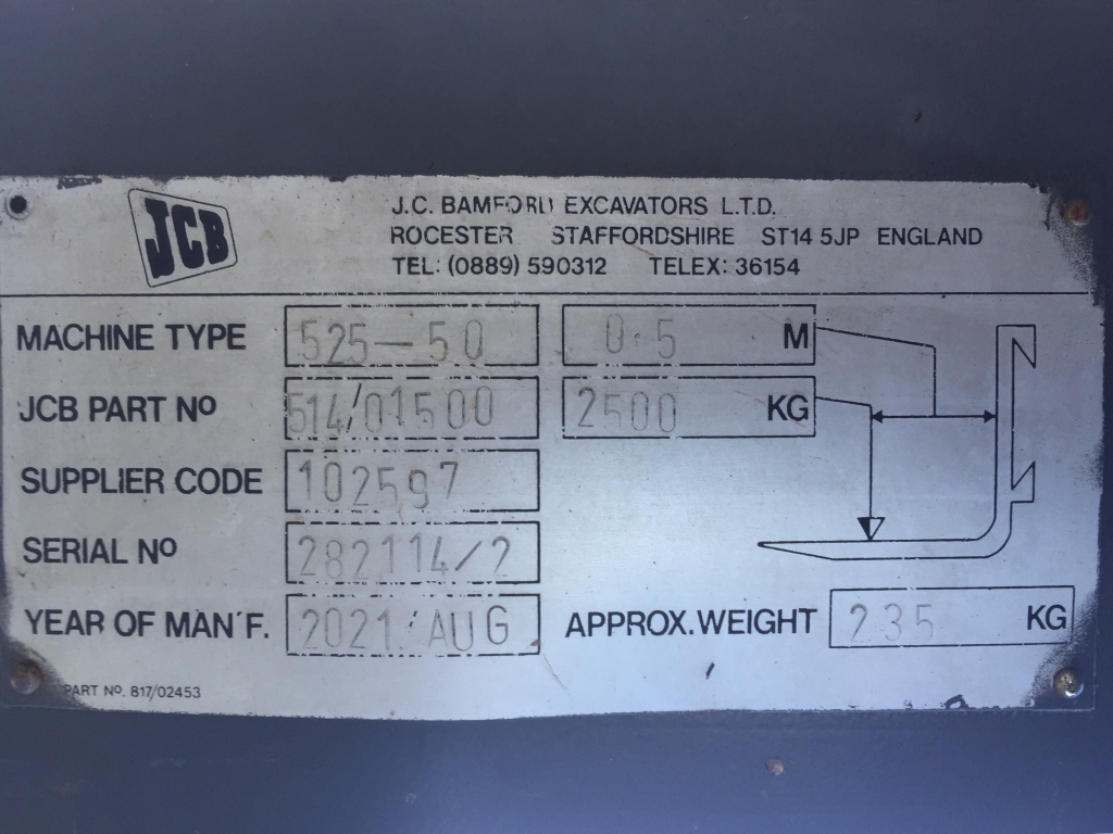 JCB Pallet tines, 2021, 2500kg, tool carrier hooks